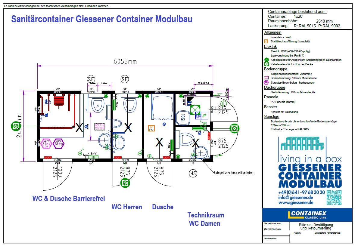 Sanitärcontainer Dusche WC Barrierfrei Giessener Container Modulbau Grundriss 9